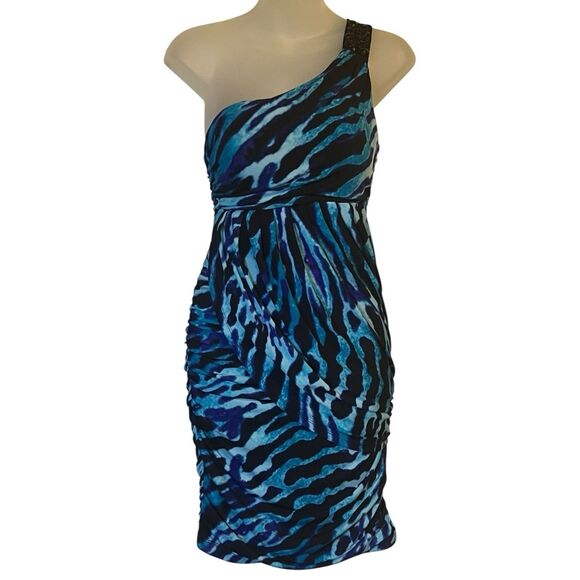 City Triangles Beaded One Shoulder Ruched Cocktail Dress Blue Animal Print S - Picture 2 of 12